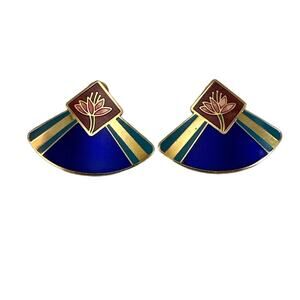 Laurel Burch Vintage Art Deco Navy Gold Teal Lotus Post Earrings